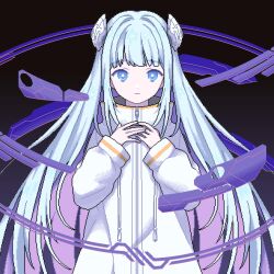 Rule 34 | 1girl, absurdres, album cover, blue eyes, blue hair, blunt bangs, closed mouth, commentary, cover, dress, english commentary, expressionless, hair ornament, hands up, highres, indie virtual youtuber, long hair, long sleeves, looking at viewer, narume, official art, pixel art, solo, somunia, straight-on, upper body, very long hair, virtual youtuber, white dress