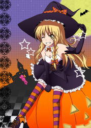 Rule 34 | 1girl, blonde hair, braid, candy, female focus, food, gloves, grin, halloween, hat, highres, jack-o&#039;-lantern, kawazuishi, kirisame marisa, long hair, multicolored clothes, multicolored legwear, one eye closed, pumpkin, smile, solo, striped clothes, striped thighhighs, thighhighs, touhou, wink, witch, witch hat, yellow eyes