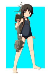 Rule 34 | 1girl, absurdres, adapted turret, aqua background, barefoot, black hair, black one-piece swimsuit, brown eyes, cannon, commentary request, flat chest, full body, grin, highres, kantai collection, machinery, miyuki (kancolle), one-piece swimsuit, school swimsuit, short hair, smile, solo, subprocedure, swimsuit, torpedo launcher, turret, two-tone background, wavy mouth