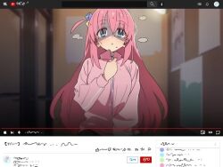 Rule 34 | 1girl, blue eyes, bocchi the rock!, chat log, dorontabi, ears visible through hair, embarrassed, eyes visible through hair, female focus, gotoh hitori, grabbing, grabbing another&#039;s breast, hair between eyes, hair ornament, hand on zipper, indoors, livestream, looking at viewer, pink hair, pink track suit, poster (object), search bar, solo, standing, track suit, youtube logo