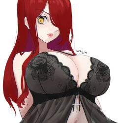 Rule 34 | 1girl, absurdres, arms behind back, breasts, cleavage, covered erect nipples, floral print, hair over one eye, highres, large breasts, lingerie, long hair, looking at viewer, parasoul (skullgirls), parted lips, pink lips, pursed lips, red hair, skullgirls, slit pupils, solo, uchujin 416, underwear, upper body, white background, yellow eyes