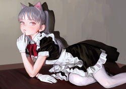 Rule 34 | 1girl, animal ears, apron, arm support, blush, cat ears, commentary, drop shadow, extra ears, finger to mouth, fkey, frilled apron, frills, gloves, grey hair, lips, looking at viewer, lying, maid, on floor, original, pantyhose, parted lips, pink eyes, ponytail, puffy short sleeves, puffy sleeves, ribbon, short sleeves, skirt, solo, symbol-only commentary, white apron, white gloves, white pantyhose