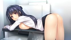 Rule 34 | 1girl, akabei soft, akizora momiji, ass, backboob, bent over, black hair, black skirt, blunt bangs, blush, breast press, breasts, cleavage, clothes lift, cum, cum on hair, enoshima miyu, from behind, functionally nude, game cg, hetero, indoors, large breasts, long hair, looking at viewer, looking back, looking over shoulder, mole, mole under eye, office, office lady, panties, panty pull, presenting, printer, purple eyes, shirt, sideboob, skirt, skirt around belly, skirt lift, smile, solo, thighs, underwear, white shirt, wide hips