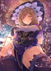 Rule 34 | 1girl, black gloves, black thighhighs, blush, breasts, brown hair, commentary request, covered erect nipples, dress, electro (genshin impact), flower, genshin impact, gloves, green eyes, groin, hair ornament, hat, highres, kuyukian3, large breasts, lisa (genshin impact), long hair, looking at viewer, magic, no panties, purple hat, rose, smile, solo, thighhighs, thighs, vision (genshin impact), water, wet, witch hat