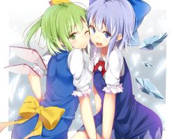 Rule 34 | 2girls, bad id, bad pixiv id, blue dress, blue eyes, blue hair, blush, bow, cheek-to-cheek, cirno, daiyousei, dress, dzuu, fairy wings, green eyes, green hair, hair bow, heads together, highres, ice, ice wings, multiple girls, one eye closed, open mouth, puffy sleeves, short sleeves, touhou, wings, wink, yuri