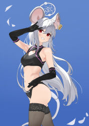 Rule 34 | 1girl, absurdres, ahoge, animal ears, ass, black gloves, black panties, black thighhighs, blue archive, blurry, blurry background, breasts, cleavage cutout, clothing cutout, elbow gloves, gloves, hair between eyes, highres, lace, lace-trimmed legwear, lace trim, light blush, long hair, looking at viewer, midriff, mouse ears, navel, panties, red eyes, saya (blue archive), small breasts, smile, solo, standing, tail, thick eyebrows, thighhighs, underwear, very long hair, white hair, wudongyouyi