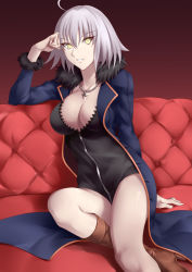 Rule 34 | 1girl, ahoge, black dress, boots, breasts, brown footwear, cleavage, coat, couch, dress, fate/grand order, fate (series), full-length zipper, fur-trimmed coat, fur trim, hamidasu, high heel boots, high heels, jeanne d&#039;arc (fate), jeanne d&#039;arc alter (fate), jeanne d&#039;arc alter (ver. shinjuku 1999) (fate), jewelry, knee boots, large breasts, looking at viewer, necklace, official alternate costume, parted lips, short dress, short hair, silver hair, sitting, smile, solo, wicked dragon witch ver. shinjuku 1999, yellow eyes, zipper