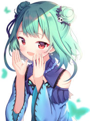 Rule 34 | 1girl, :d, absurdres, bare shoulders, blue dress, blue sleeves, blush, commentary request, detached sleeves, double bun, dress, earrings, green hair, hair bun, hair ornament, hands up, hanen (borry), highres, hololive, jewelry, juliet sleeves, long hair, long sleeves, looking at viewer, open mouth, puffy sleeves, red eyes, skull earrings, skull hair ornament, sleeveless, sleeveless dress, smile, solo, upper body, uruha rushia, uruha rushia (1st costume), virtual youtuber, white background