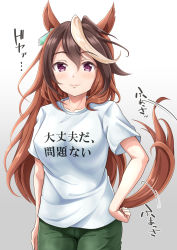 Rule 34 | 1girl, absurdres, animal ears, blush, brown hair, clothes writing, commentary request, green pants, highres, horse girl, long hair, looking at viewer, multicolored hair, orange hair, pants, shirt, smile, smug, solo, sound effects, symboli rudolf (umamusume), tail, tail wagging, umamusume, white background, white hair, white shirt, yachan
