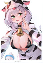Rule 34 | 1girl, 2021, absurdres, animal print, bell, blush, breasts, buttons, cleavage, cow hood, cow print, cow tail, fake horns, fake tail, green eyes, grey hair, hand up, highres, hololive, hood, horns, large breasts, long sleeves, looking at viewer, mole, mole on breast, neck bell, scan, shirogane noel, short hair, simple background, smile, tail, teeth, upper teeth only, virtual youtuber, watao, white background