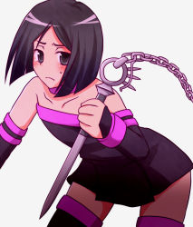 Rule 34 | 1boy, bad id, bad pixiv id, black eyes, black hair, blush, bob cut, chain, cosplay, crossover, dagger, dress, fate/stay night, fate/zero, fate (series), knife, male focus, medusa (fate), medusa (rider) (fate), medusa (rider) (fate) (cosplay), nameless dagger (fate), parted bangs, short hair, simple background, solo, strapless, strapless dress, thighhighs, waver velvet, weapon, yzb-030