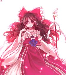 Rule 34 | 1girl, ascot, blush, brown eyes, brown hair, cherry blossoms, choker, detached sleeves, flower, flower in mouth, gohei, hair ornament, hair ribbon, hair tubes, hakurei reimu, japanese clothes, long hair, long skirt, long sleeves, looking at viewer, miko, petals, red ascot, ribbon, shirt, simple background, skirt, skirt set, smile, solo, tis (shan0x0shan), touhou, white background, wide sleeves