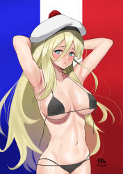 Rule 34 | 1girl, absurdres, arms behind head, artist name, beret, bikini, black bikini, blonde hair, blue eyes, breasts, c-da, cleavage, commentary request, cowboy shot, dated, dress, flag background, french flag, hair between eyes, hat, highres, kantai collection, large breasts, long hair, looking at viewer, mole, mole under eye, mole under mouth, pom pom (clothes), richelieu (kancolle), solo, strapless, sweat, swimsuit, untied bikini, white hat