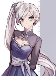 Rule 34 | 1girl, bad id, bad twitter id, blue eyes, cleavage cutout, clothing cutout, commentary request, ecru, rwby, scar, scar across eye, scar on face, smile, solo, twitter username, weiss schnee, white hair
