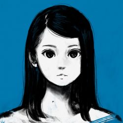 Rule 34 | 1girl, black eyes, black hair, blue background, highres, limited palette, long hair, looking at viewer, miyoshi yoshimi, original, parted lips, portrait, shadow, simple background, solo