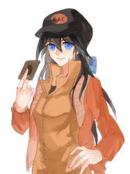 Rule 34 | 1girl, alternate costume, alternate hairstyle, black hair, black hat, blue bow, blue eyes, bow, card, closed mouth, dress shirt, fudo yusei, genderswap, genderswap (mtf), hair between eyes, hair bow, hand on own hip, hat, holding, holding card, jacket, long hair, long sleeves, open clothes, open jacket, orange shirt, print headwear, red jacket, rozy, shirt, sketch, smile, solo, upper body, white background, yu-gi-oh!, yu-gi-oh! 5d&#039;s