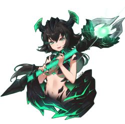 Rule 34 | 1girl, black hair, breasts, cleavage, crystal, dota (series), dota 2, genderswap, genderswap (mtf), glowing, glowing eyes, green eyes, hair between eyes, headband, highres, holding, holding staff, jokanhiyou, licking lips, looking at viewer, navel, open mouth, outworld devourer (dota), short hair, simple background, solo, staff, teeth, tongue, tongue out, white background, wings