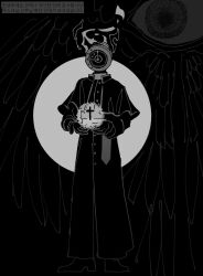 Rule 34 | 1other, absurdres, biblically accurate angel, buttons, capelet, clock, cross, dante (limbus company), eyeball, feathered wings, fire, gloves, greyscale, habit, highres, latin cross, limbus company, long sleeves, maskv, monochrome, multiple wings, object head, project moon, sash, seraph, shoes, wings