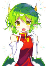 Rule 34 | 1girl, absurdres, blush, brown eyes, china dress, chinese clothes, draco centauros, dragon girl, dragon horns, dragon wings, dress, elbow gloves, fang, gloves, green hair, highres, horns, looking at viewer, offbeat, open mouth, pointing, pointing at self, puyopuyo, red dress, short hair, sleeveless, sleeveless dress, smile, solo, upper body, white gloves, wings