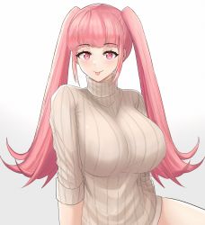 Rule 34 | 1girl, absurdres, alternate breast size, alternate costume, blunt bangs, breasts, desspie, female focus, fire emblem, fire emblem: three houses, highres, hilda valentine goneril, huge breasts, impossible clothes, long hair, looking at viewer, matching hair/eyes, nintendo, pink eyes, pink hair, ribbed sweater, simple background, smile, solo, sweater, thighs, tongue, tongue out, twintails, upper body, very long hair, white background, white sweater