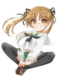 Rule 34 | 1girl, black neckerchief, black ribbon, black thighhighs, blouse, brown eyes, brown footwear, brown hair, butterfly sitting, commentary, fading, full body, girls und panzer, glasses, green skirt, grin, hair ribbon, hands on feet, kumasawa (dkdkr), long hair, long sleeves, looking at viewer, miniskirt, navel, neckerchief, one-hour drawing challenge, ooarai school uniform, oono aya, pleated skirt, ribbon, round eyewear, school uniform, serafuku, shirt, shoes, simple background, sitting, skirt, smile, solo, thighhighs, twintails, white background, white shirt, wind