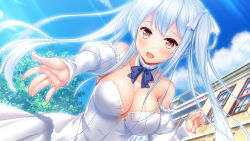 Rule 34 | 1girl, :d, blue bow, blue bowtie, blue sky, blush, bow, bowtie, breasts, brown eyes, cleavage, cloud, colette (yuukyuu no campanella), collarbone, day, detached collar, detached sleeves, dress, floating hair, game cg, hair ribbon, highres, ko~cha, large breasts, long hair, long sleeves, open mouth, outdoors, reaching, reaching towards viewer, ribbon, silver hair, sky, sleeveless, sleeveless dress, smile, solo, standing, strapless, strapless dress, sunlight, twintails, very long hair, wedding dress, white dress, white ribbon, white sleeves, yuukyuu no campanella
