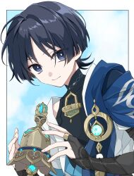 Rule 34 | 1boy, bell, black hair, black shirt, blue cape, blue sky, blunt ends, border, bridal gauntlets, bright pupils, cape, closed mouth, cloud, commentary request, covered collarbone, day, eyeshadow, feathers, genshin impact, hands up, highres, jacket, looking at viewer, makeup, male focus, open clothes, open jacket, outside border, parted bangs, pom pom (clothes), purple eyes, red eyeshadow, same (same hoge), scaramouche (genshin impact), shirt, short hair, short sleeves, sidelocks, sky, sleeveless, sleeveless shirt, smile, solo, tulaytullah&#039;s remembrance (genshin impact), upper body, vision (genshin impact), wanderer (genshin impact), weapon, white border, white jacket, white pupils