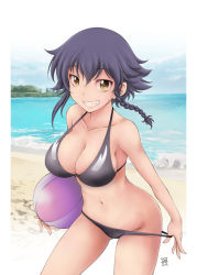 Rule 34 | 10s, 1girl, 2017, bad id, bad pixiv id, ball, beach, beachball, bikini, bikini pull, black bikini, black hair, braid, breasts, brown eyes, cleavage, clothes pull, cowboy shot, day, girls und panzer, grin, iwami kyuuto, large breasts, logo, looking at viewer, navel, outdoors, pepperoni (girls und panzer), pulling own clothes, short hair, side braid, smile, solo, swimsuit