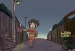 Rule 34 | 1girl, alternate costume, bicycle, black hair, brown eyes, commentary request, dawn, fence, full body, gradient sky, grey sky, jacket, kantai collection, lamppost, nagara (kancolle), one side up, pants, red jacket, red pants, road, saiguchi otoufu, short hair, sky, solo, track jacket, track pants, track suit