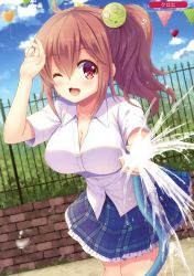 Rule 34 | 1girl, ;d, absurdres, ahoge, blue skirt, breasts, brown hair, cleavage, collarbone, collared shirt, dress shirt, hair between eyes, hair ornament, highres, hose, kuroe (sugarberry), large breasts, looking at viewer, melonbooks, one eye closed, open mouth, original, pennant, plaid, plaid skirt, pleated skirt, school uniform, shirt, short sleeves, side ponytail, sidelocks, skirt, smile, solo, water drop, white shirt