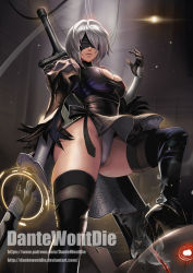 Rule 34 | 1girl, artist name, black dress, black footwear, black gloves, black hairband, black ribbon, black thighhighs, blindfold, boots, breasts, cameltoe, chain, cleavage, cleavage cutout, closed mouth, clothing cutout, covered eyes, cowboy shot, dantewontdie, deviantart username, dress, gloves, glowing, glowing eyes, greatsword, groin, hair over one eye, hairband, hand up, high heel boots, high heels, highleg, highleg leotard, holding, holding sword, holding weapon, huge weapon, juliet sleeves, katana, legs apart, leotard, lips, long sleeves, medium breasts, nier (series), nier:automata, nose, patreon username, puffy sleeves, red eyes, ribbon, robot, short dress, short hair, side slit, silver hair, skin tight, skindentation, solo, standing, steam, stepped on, stepping, sword, thigh boots, thighhighs, thighs, turtleneck, two-sided fabric, two-sided skirt, unsheathed, upskirt, vambraces, watermark, weapon, weapon on back, web address, white leotard, 2b (nier:automata)
