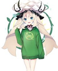 Rule 34 | 1girl, :d, ameshizuku natsuki, blue eyes, blush, clothes writing, fate/grand order, fate (series), frilled hat, frills, green hoodie, hair between eyes, hat, head tilt, hood, hood down, hoodie, light brown hair, long hair, long sleeves, marie antoinette (fate), open mouth, quick shirt, sleeves past fingers, sleeves past wrists, smile, solo, twintails, very long hair, white hat