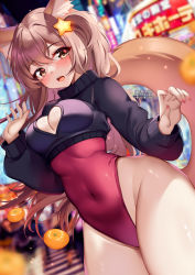Rule 34 | 1girl, animal ear fluff, animal ears, annytf, bad arm, black sweater, blurry, blurry background, blush, breasts, brown eyes, brown hair, city, cleavage, cleavage cutout, clothing cutout, commentary, covered navel, cowboy shot, english commentary, food, fox ears, fox tail, fruit, groin, hair between eyes, hair ornament, hand up, heart cutout, highres, indie virtual youtuber, leotard, long hair, long sleeves, looking at viewer, mandarin orange, medium breasts, nail polish, night, one side up, open mouth, outdoors, pink nails, red leotard, solo, squchan, standing, star (symbol), star hair ornament, sweater, tail, thighs, very long hair, virtual youtuber