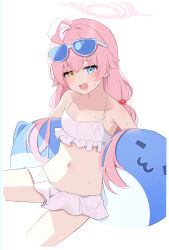 Rule 34 | 1girl, ahoge, bikini, blue archive, blue eyes, blush, collarbone, cowboy shot, cropped legs, eyewear on head, fang, flat chest, foulo paints, hair between eyes, halo, highres, hoshino (blue archive), hoshino (swimsuit) (blue archive), inflatable toy, inflatable whale, long hair, looking at viewer, navel, official alternate costume, open mouth, pink hair, pink halo, simple background, solo, swimsuit, white background, white bikini, yellow eyes