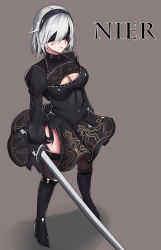 Rule 34 | 1girl, bad id, bad pixiv id, black dress, black footwear, black hairband, black thighhighs, blindfold, boots, breasts, cleavage, cleavage cutout, clothing cutout, covered eyes, dress, feather-trimmed sleeves, full body, gongba laoge, hairband, holding, holding sword, holding weapon, juliet sleeves, long sleeves, medium breasts, mole, mole under mouth, nier (series), nier:automata, parted lips, puffy sleeves, ribbed dress, silver hair, solo, standing, sword, thigh boots, thighhighs, thighhighs under boots, vambraces, weapon, 2b (nier:automata)