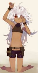 Rule 34 | 1girl, ahoge, commentary request, flat chest, hair between eyes, kneeling, long hair, nekomegane, one eye closed, open mouth, original, pouch, red eyes, rubbing eyes, shorts, simple background, solo, white hair, wrist cuffs