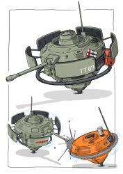 Rule 34 | absurdres, beyblade, cannon, gatling santouhei, highres, mecha, military, military vehicle, motor vehicle, no humans, original, parody, robot, simple background, spinning top, tank, vehicle focus, white background