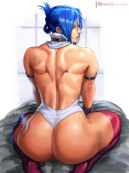 Rule 34 | 1girl, arika, armband, artist name, ass, back, bare shoulders, bed, black gloves, blair dame, blue hair, boots, capcom, closed mouth, detached collar, female focus, fighting layer, folded ponytail, gloves, green eyes, highleg, highleg leotard, huge ass, indoors, lejeanx3, leotard, looking at viewer, looking back, muscular, muscular female, patreon logo, patreon username, pink thighhighs, red lips, sitting, source request, street fighter, street fighter ex (series), thick thighs, thigh boots, thighhighs, thighs, wariza, watermark, web address, white leotard