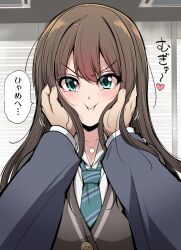 Rule 34 | 1boy, 1girl, aqua eyes, brown hair, commentary request, green necktie, hands on another&#039;s cheeks, hands on another&#039;s face, idolmaster, idolmaster cinderella girls, jewelry, long hair, looking at viewer, necklace, necktie, partially translated, pov, school uniform, serebi ryousangata, shibuya rin, shirt, striped necktie, translation request, upper body, white shirt