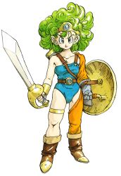 Rule 34 | blue eyes, boots, curly hair, dragon quest, dragon quest iv, gloves, green hair, heroine (dq4), official art, shield, sword, thick thighs, thighs, tiara, toned, toriyama akira, weapon