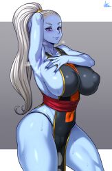 Rule 34 | 1girl, absurdres, arm up, armpits, black panties, blue skin, breasts, closed mouth, colored skin, covered erect nipples, covered navel, cowboy shot, dragon ball, dragon ball super, dress, hand on own chest, highres, jmg, large breasts, lipstick, makeup, micro panties, panties, ponytail, presenting armpit, purple eyes, purple lips, red sash, revealing clothes, sash, sideboob, smile, solo, standing, sweat, underwear, vados (dragon ball), white hair
