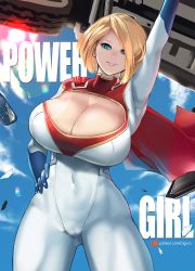 Rule 34 | 1girl, amano cigusa, armpits, arms up, blonde hair, blue eyes, blue gloves, bodysuit, breasts, cameltoe, cape, character name, cleavage, cleavage cutout, clothing cutout, cloud, covered navel, day, dc comics, gloves, hair over one eye, hand on own hip, highres, huge breasts, lens flare, lifting vehicle, lips, navel, power girl, red cape, sagging breasts, short hair, sky, solo, sunlight, superman (series), thighs, tire