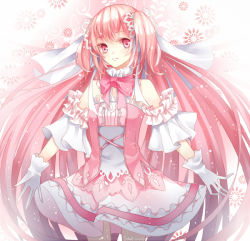 Rule 34 | 10s, 1girl, alternate costume, alternate hairstyle, bad id, bad pixiv id, female focus, gloves, gradient background, kaname madoka, long hair, magical girl, mahou shoujo madoka magica, mahou shoujo madoka magica (anime), pink eyes, pink hair, solo, stari, twintails, two side up, ultimate madoka, very long hair, white background