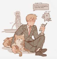 Rule 34 | 1boy, 1girl, animal, black footwear, blonde hair, closed mouth, commentary, dog, english commentary, english text, formal, full body, grey background, grey pants, grey suit, holding, holding hose, holding phone, hose, kurata tome, long sleeves, looking at phone, male focus, mob psycho 100, mp100days, necktie, pants, phone, pink necktie, reigen arataka, shoes, short hair, simple background, sitting, solo focus, suit, text messaging
