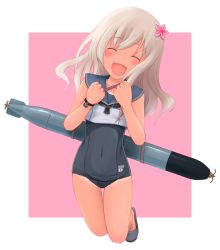 Rule 34 | 1girl, blonde hair, blue sailor collar, clenched hand, crop top, closed eyes, flower, full body, hair flower, hair ornament, highres, kantai collection, lost july, one-piece swimsuit, one-piece tan, open mouth, ro-500 (kancolle), sailor collar, sandals, school swimsuit, smile, solo, swimsuit, swimsuit under clothes, tan, tanline, torpedo
