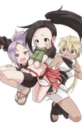 Rule 34 | 10s, 3girls, :d, arm warmers, asagao (kunoichi tsubaki no mune no uchi), bandaged leg, bandages, bare shoulders, bike shorts, black eyes, black hair, blonde hair, blush, brown eyes, clenched hands, closed mouth, commentary request, dark-skinned female, dark skin, forehead, kunoichi tsubaki no mune no uchi, long hair, low twintails, multiple girls, ninja, obi, open mouth, ponytail, purple hair, red eyes, ringed eyes, sandals, sash, sazanka (kunoichi tsubaki no mune no uchi), short sleeves, simple background, smile, toenails, tsubaki (kunoichi tsubaki no mune no uchi), twintails, white background, yamamoto souichirou