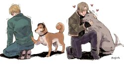 Rule 34 | 2boys, back, dog, headset, heart, highres, jacket, james sunderland, kneeling, leon s. kennedy, mira (silent hill), multiple boys, petting, remake, resident evil, resident evil 4, resident evil 4 (remake), shiba inu, silent hill (series), silent hill 2, silent hill 2 (remake), simple background, tail, tail wagging, tirtyturtle, tongue, tongue out, trembling