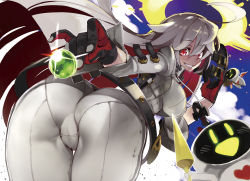 Rule 34 | 1girl, ass, ass focus, ball and chain restraint, black gloves, bodysuit, breasts, candy, spiked halo, food, from behind, gloves, guilty gear, guilty gear strive, halo, highres, hyocorou, jack-o&#039; valentine, large breasts, lollipop, long hair, looking at viewer, looking back, mask, unworn mask, pants, pantylines, red eyes, skin tight, smile, solo, tight clothes, tight pants, white bodysuit, white hair