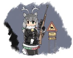 Rule 34 | 10s, 1girl, animal ears, antlers, bell, black coat, black gloves, bolt action, closed mouth, coat, collar, cowboy shot, cropped legs, deer ears, deer tail, extra ears, finnish text, fur-trimmed sleeves, fur collar, fur trim, gloves, gradient hair, green eyes, green ribbon, green skirt, grey hair, grey pantyhose, gun, hair ornament, hair ribbon, hands up, heterochromia, highres, holding, holding gun, holding weapon, horns, kemono friends, long hair, long sleeves, looking at viewer, low twintails, multicolored clothes, multicolored hair, multicolored skirt, neck bell, night, omnisucker, outdoors, pantyhose, pleated skirt, red eyes, red ribbon, red skirt, reindeer (kemono friends), reindeer antlers, ribbon, rifle, road sign, scope, sign, skirt, smile, solo, tail, twintails, weapon, weapon request