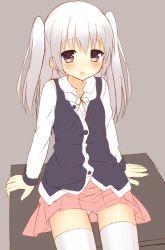 Rule 34 | 1girl, :o, arm support, bad id, bad pixiv id, black vest, blush, clothes lift, collarbone, collared shirt, cowboy shot, gluteal fold, grey background, grey hair, hair between eyes, long hair, long sleeves, looking at viewer, neck ribbon, open mouth, original, partially unbuttoned, pink eyes, pink skirt, pleated skirt, ribbon, shirt, sitting, skirt, skirt lift, solo, thighhighs, two side up, usagino suzu, vest, white shirt, white thighhighs